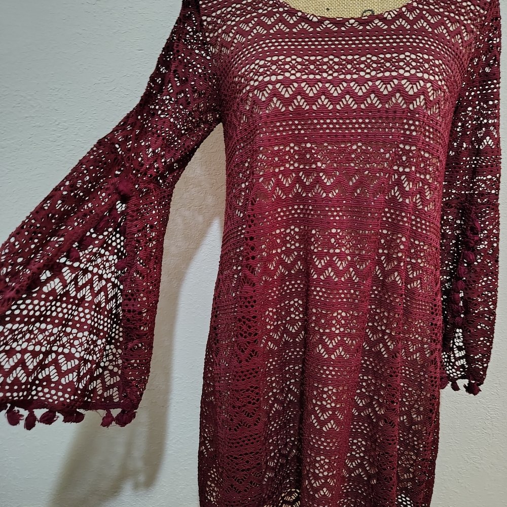 Umgee Burgundy/Wine Lined Lace Mini Dress Small Boho  Western Cowgirl Flowy